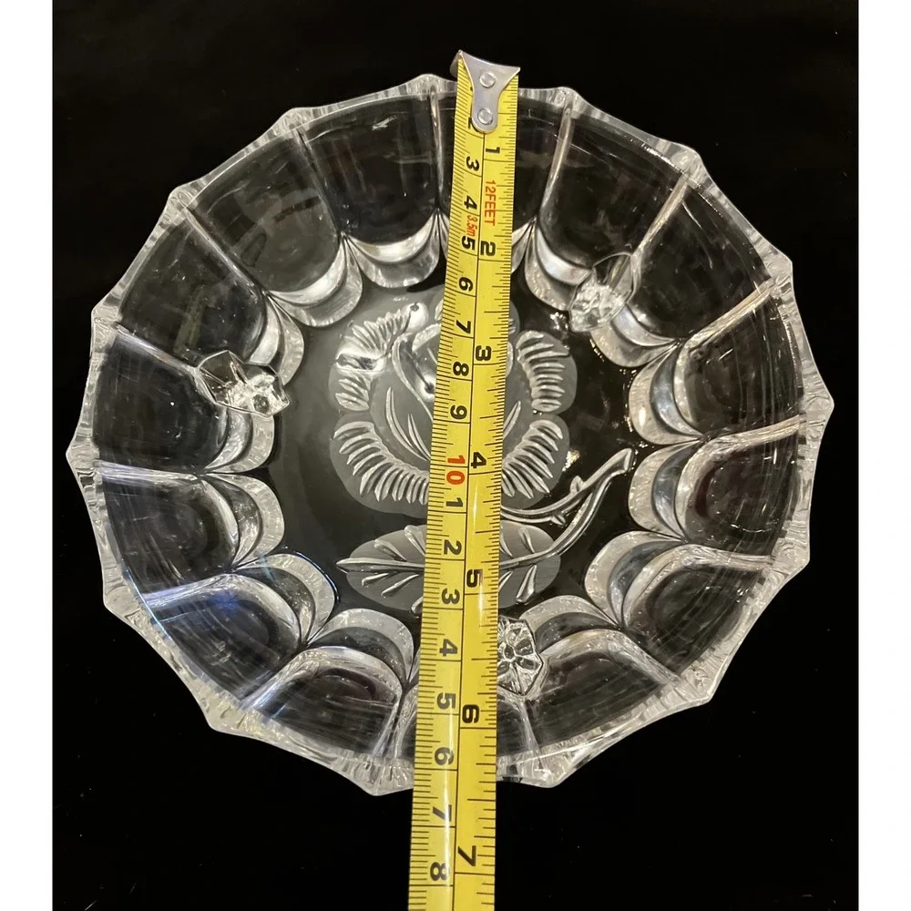 Vintage Imperlux Pressed Crystal Footed Bowl Candy Dish Fluted Edges Etched Rose